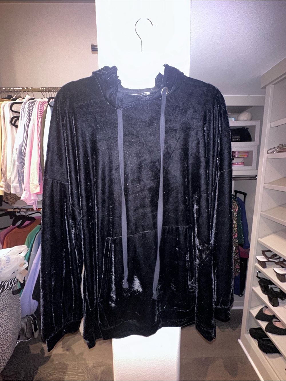 Zara Black Velour/Velvet Hoodie with Drawstrings